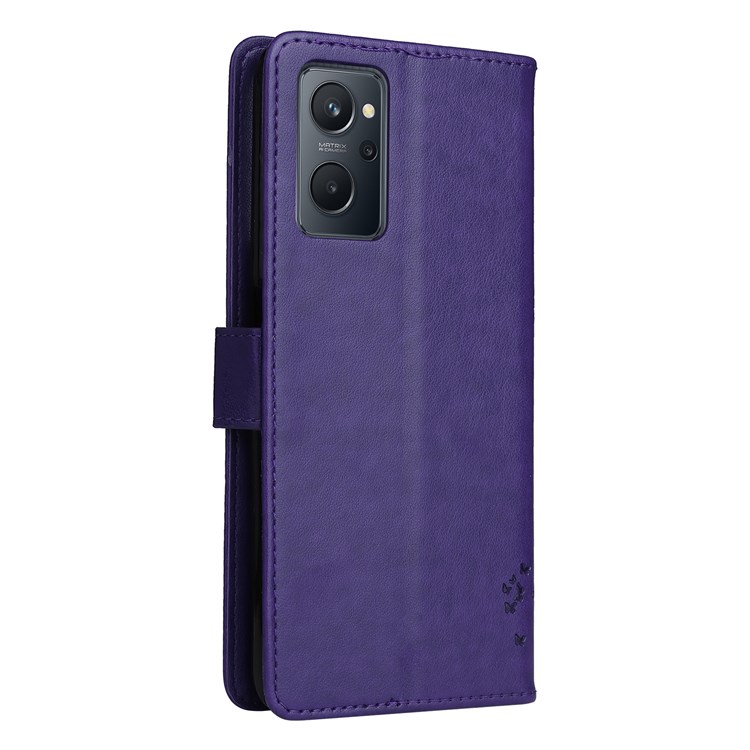 For Realme 9i/Oppo A36/Oppo A76 KT Imprinting Flower Series-3 PU Leather Case, Cat Tree Pattern Imprinted Phone Cover with Stand Wallet Design and Handy Strap - Purple-7