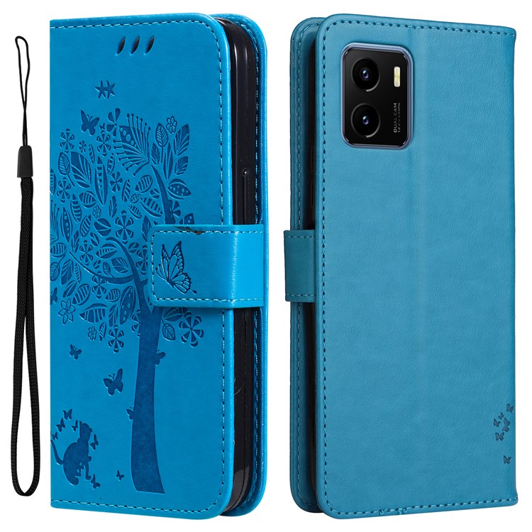 For vivo Y15s 4G/Y15a KT Imprinting Flower Series-3 Cat Tree Pattern Imprinted PU Leather Case Hands-free Stand Wallet Magnetic Flip Cover with Strap - Blue-1