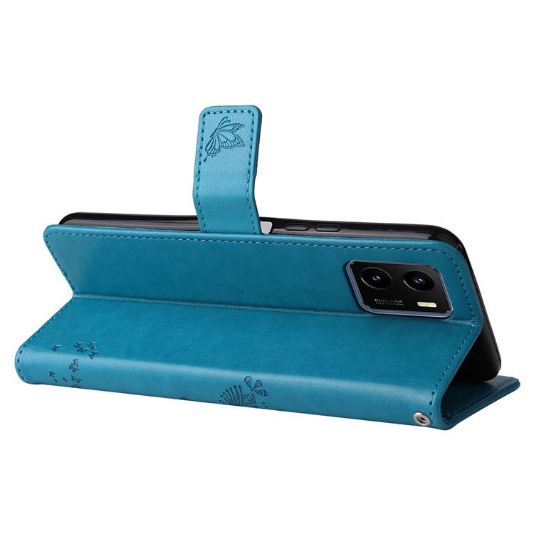 For vivo Y15s 4G/Y15a KT Imprinting Flower Series-3 Cat Tree Pattern Imprinted PU Leather Case Hands-free Stand Wallet Magnetic Flip Cover with Strap - Blue-3