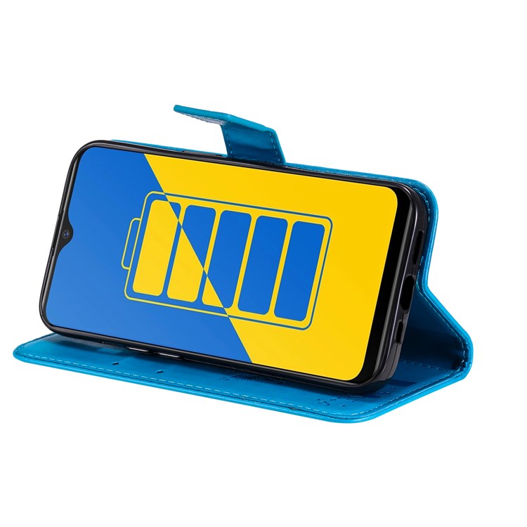 For vivo Y15s 4G/Y15a KT Imprinting Flower Series-3 Cat Tree Pattern Imprinted PU Leather Case Hands-free Stand Wallet Magnetic Flip Cover with Strap - Blue-4