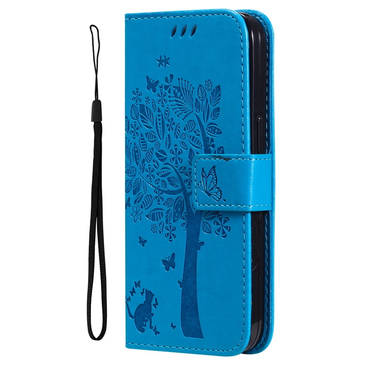 For vivo Y15s 4G/Y15a KT Imprinting Flower Series-3 Cat Tree Pattern Imprinted PU Leather Case Hands-free Stand Wallet Magnetic Flip Cover with Strap - Blue-6