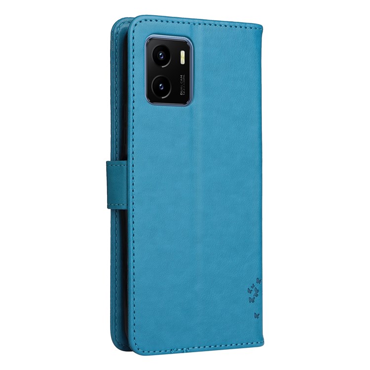 For vivo Y15s 4G/Y15a KT Imprinting Flower Series-3 Cat Tree Pattern Imprinted PU Leather Case Hands-free Stand Wallet Magnetic Flip Cover with Strap - Blue-7