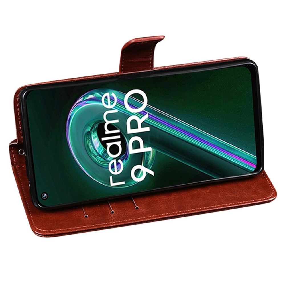 IDEWEI for Realme 9 Pro PU Leather + TPU Bump Proof Folio Flip Crazy Horse Texture Stand Phone Shell with Wallet - Brown-2