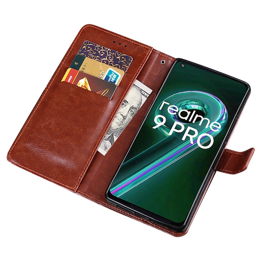 IDEWEI for Realme 9 Pro PU Leather + TPU Bump Proof Folio Flip Crazy Horse Texture Stand Phone Shell with Wallet - Brown-3