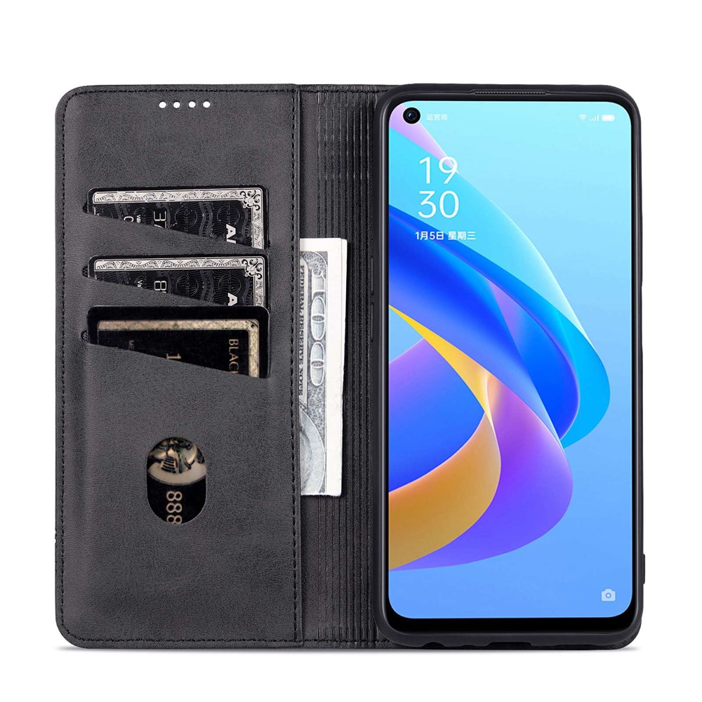 AZNS for Oppo A36 4G/A76 4G/Realme 9i Magnetic Absorption Leather Phone Case Wallet Stand TPU Inner Shell Phone Cover - Black-2