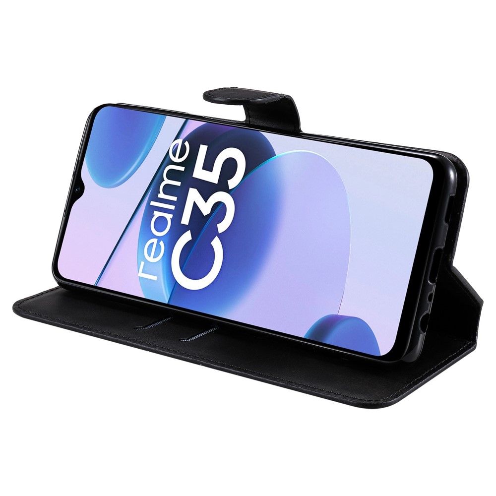 PU Leather Stand Case for Realme C35, Wallet Full Protection Phone Cover - Black-4