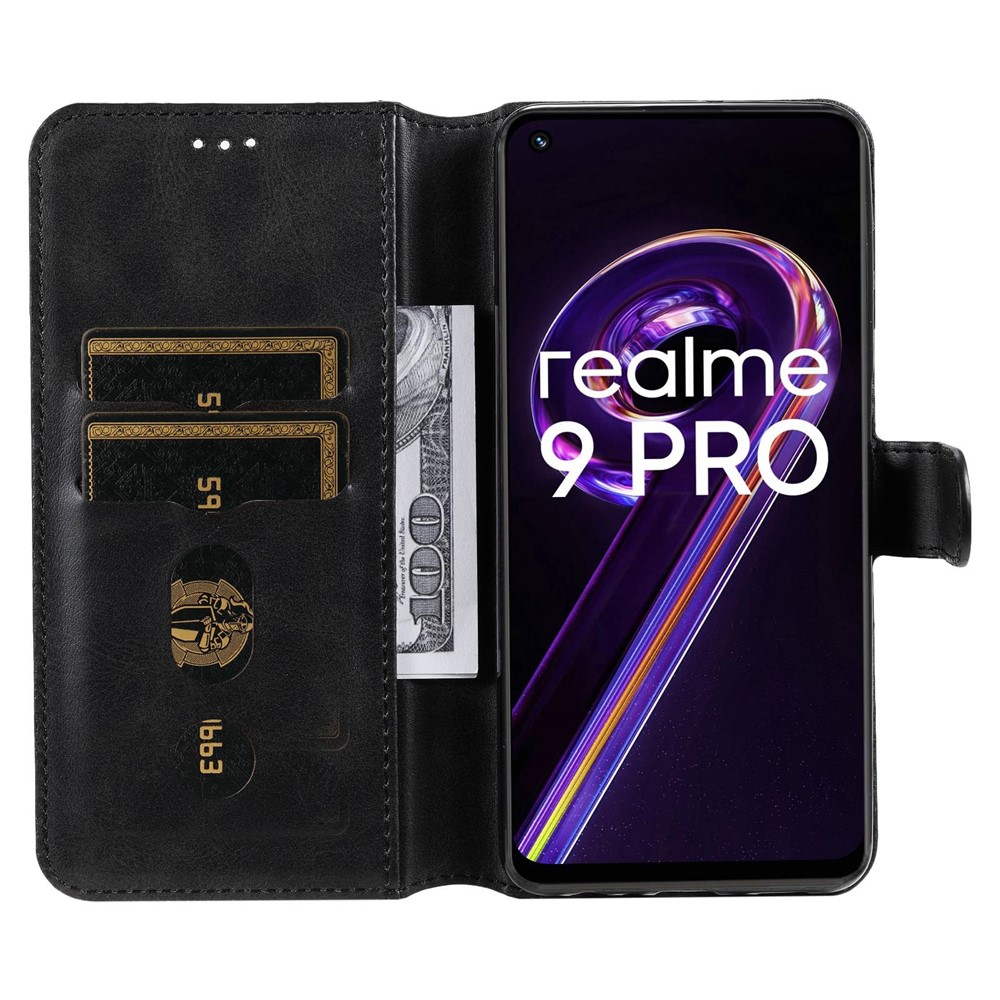For Realme 9 Pro/V25 PU Leather Folio Flip Wallet Protective Case Viewing Stand Phone Cover - Black-2