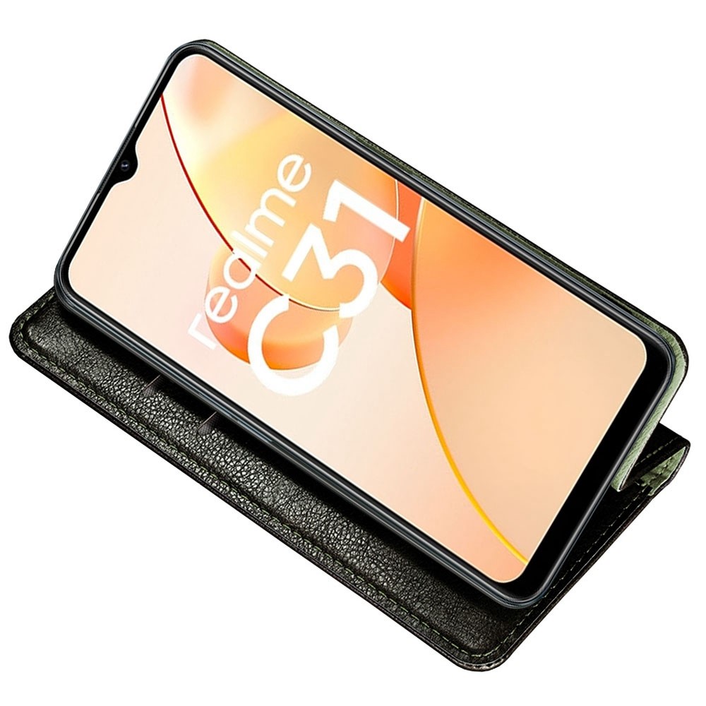 For Realme C31 Mobile Phone Cover Anti-scratch PU Leather + TPU Stand Wallet Magnetic Auto Closure Protector Case - Black-2