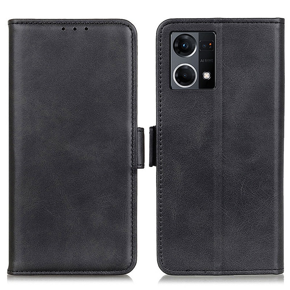 For Oppo Reno7 4G/F21 Pro 4G Textured PU Leather TPU Shockproof Interior Case Anti-Fall Stand Function Wallet Shell Magnetic Closure Cover - Black-1