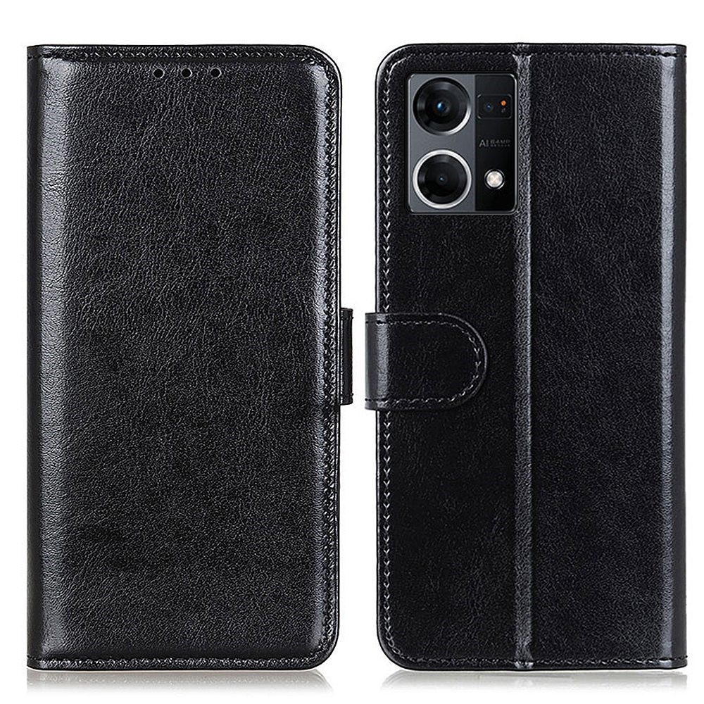 For Oppo Reno7 4G/F21 Pro 4G Crazy Horse Texture PU Leather Flip Folio Case Wallet Style Stand Shockproof TPU Inner Shell Phone Cover - Black-1