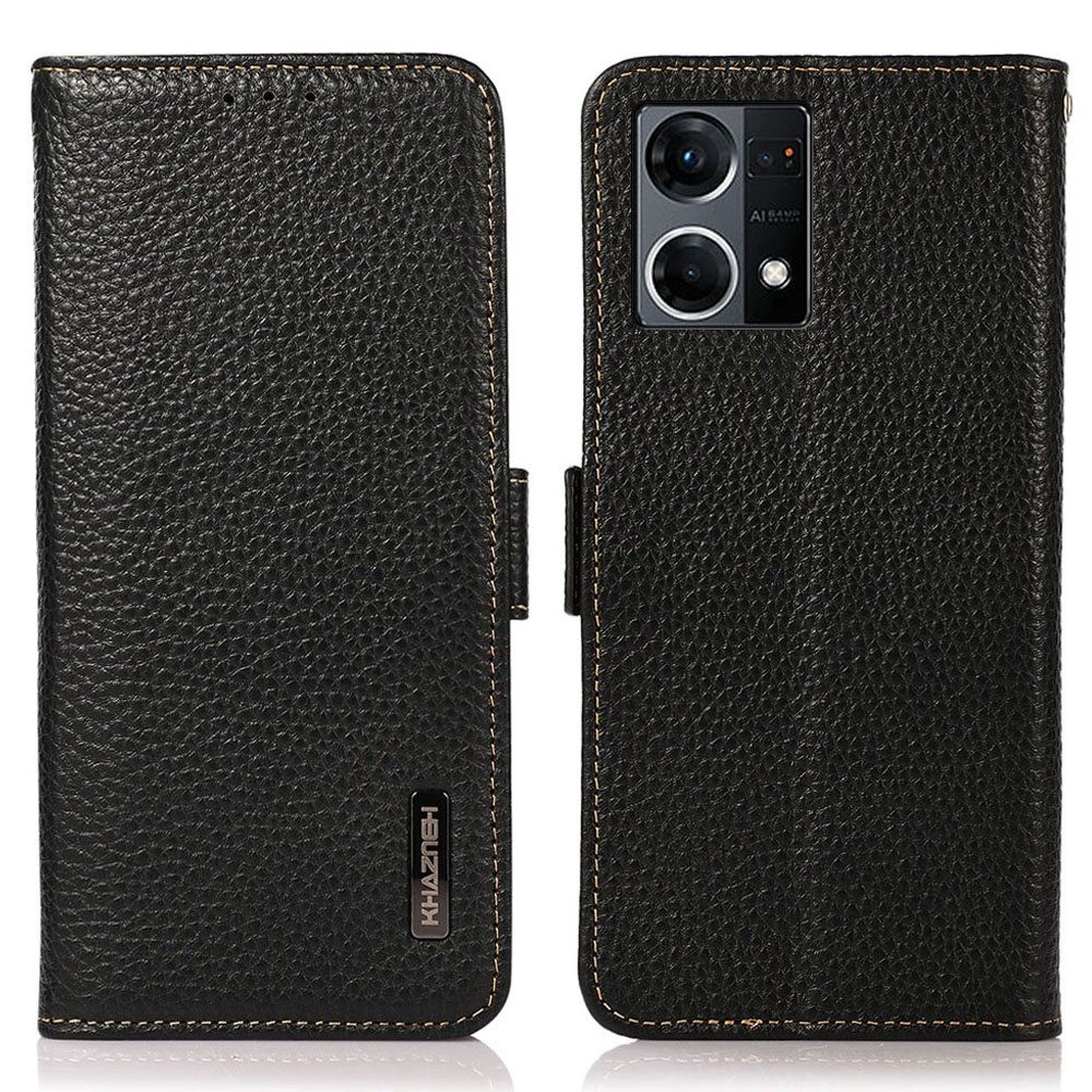 KHAZNEH for Oppo Reno7 4G/F21 Pro 4G Genuine Leather Litchi Texture Wallet Case Magnetic RFID Blocking Stand Book Folding Folio Cover - Black-1