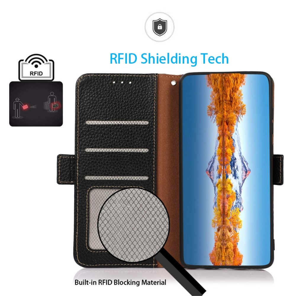 KHAZNEH for Oppo Reno7 4G/F21 Pro 4G Genuine Leather Litchi Texture Wallet Case Magnetic RFID Blocking Stand Book Folding Folio Cover - Black-2