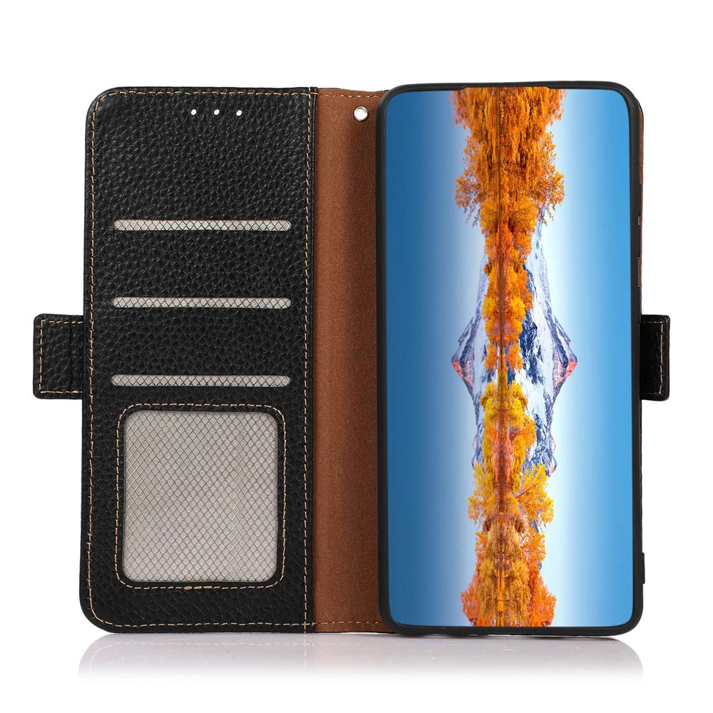 KHAZNEH for Oppo Reno7 4G/F21 Pro 4G Genuine Leather Litchi Texture Wallet Case Magnetic RFID Blocking Stand Book Folding Folio Cover - Black-4