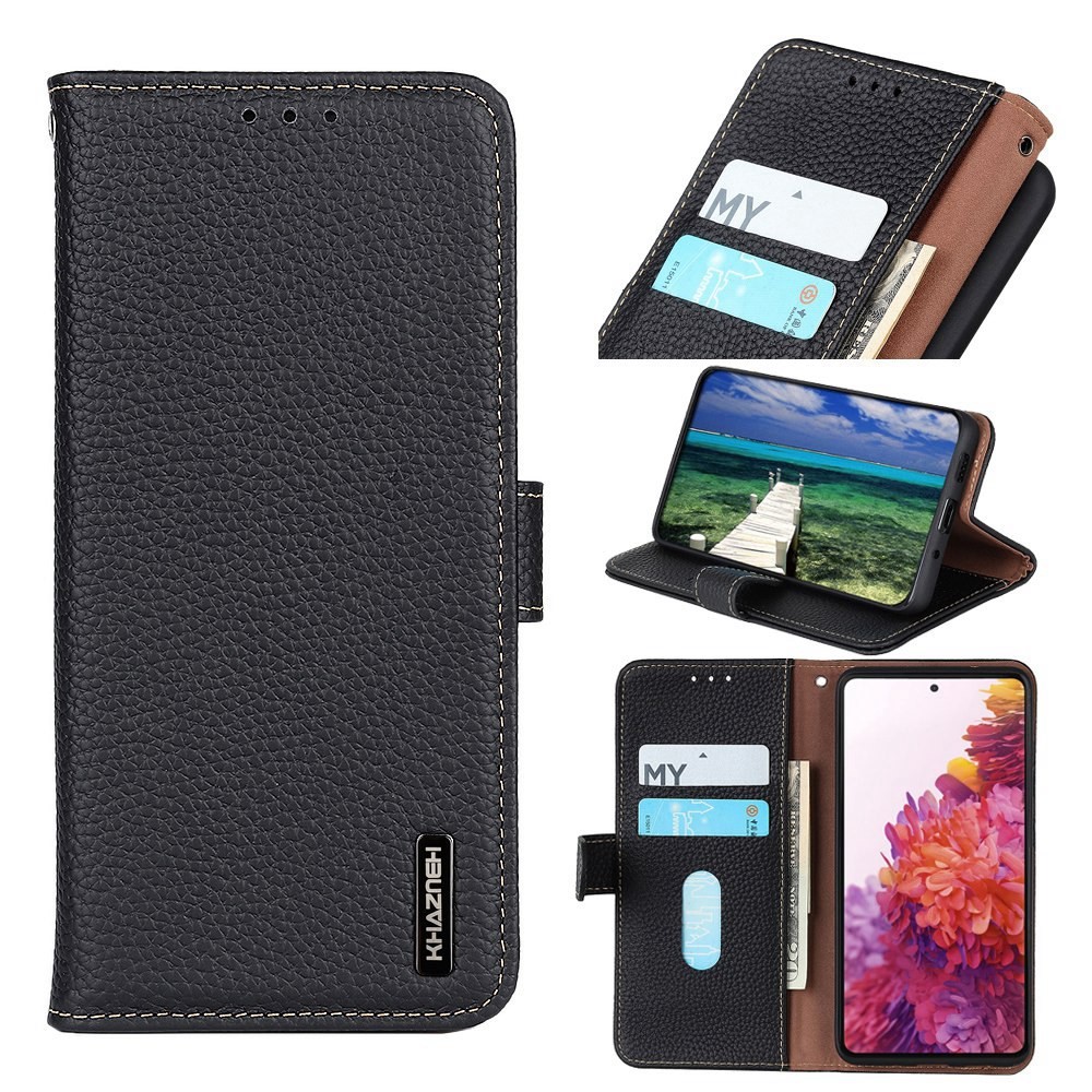 KHAZNEH Genuine Leather Wallet Phone Case for Oppo Find X5, Litchi Texture Viewing Stand Flip Magnetic Cover - Black-8