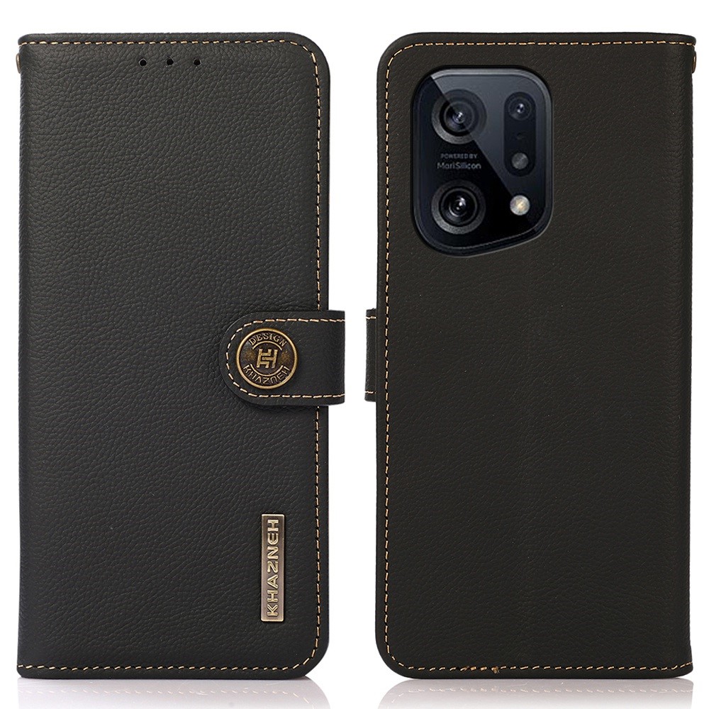 KHAZNEH for Oppo Find X5 Genuine Leather Cell Phone Flip Case Stand RFID Blocking Protection Magnetic Wallet Folio Cover - Black-1