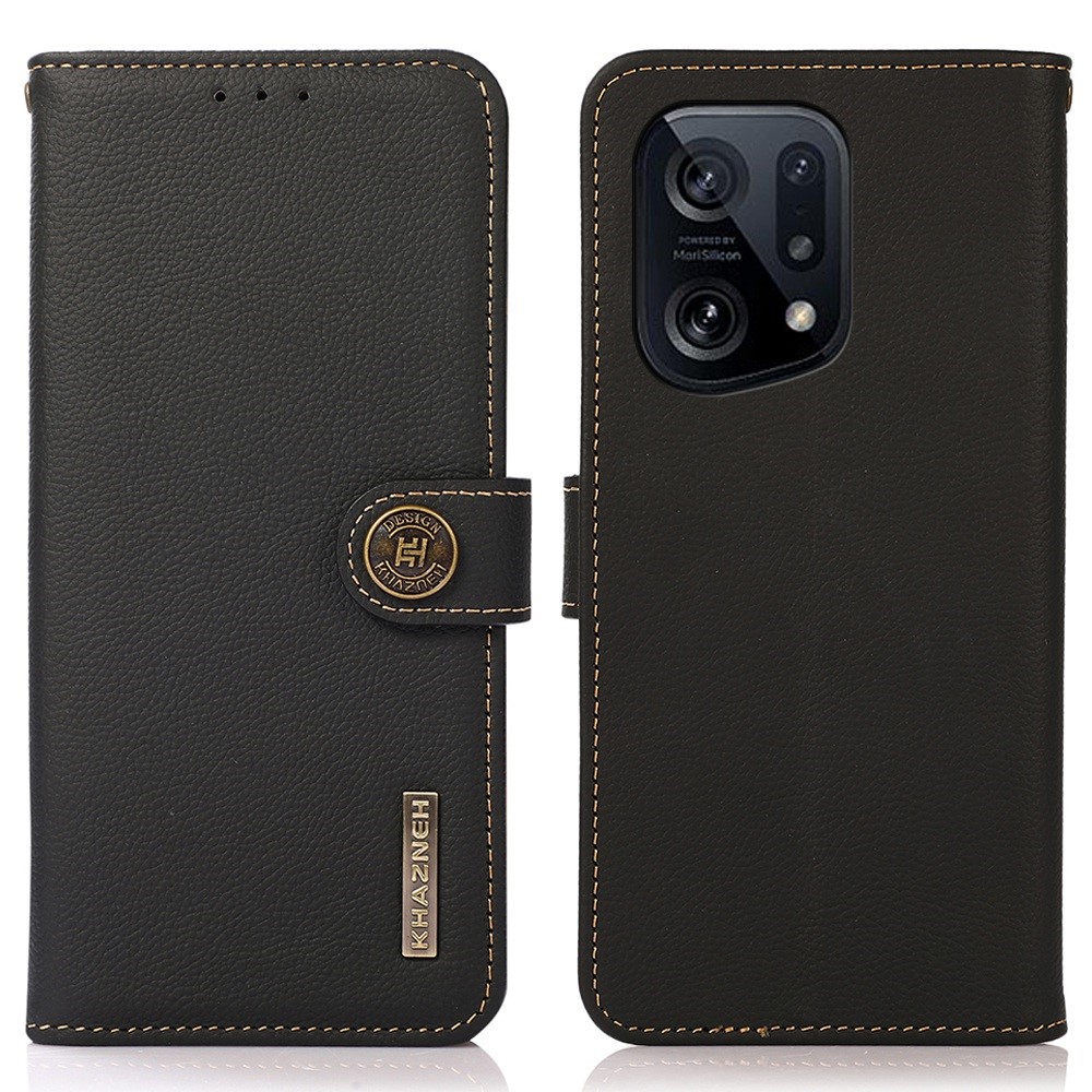 Khazneh Para Oppo Find X5 Genuine Leather Celle Flip Case Flip Stand Rfid Bloqueo de Protección Magnética Folio Cubierta - Negro