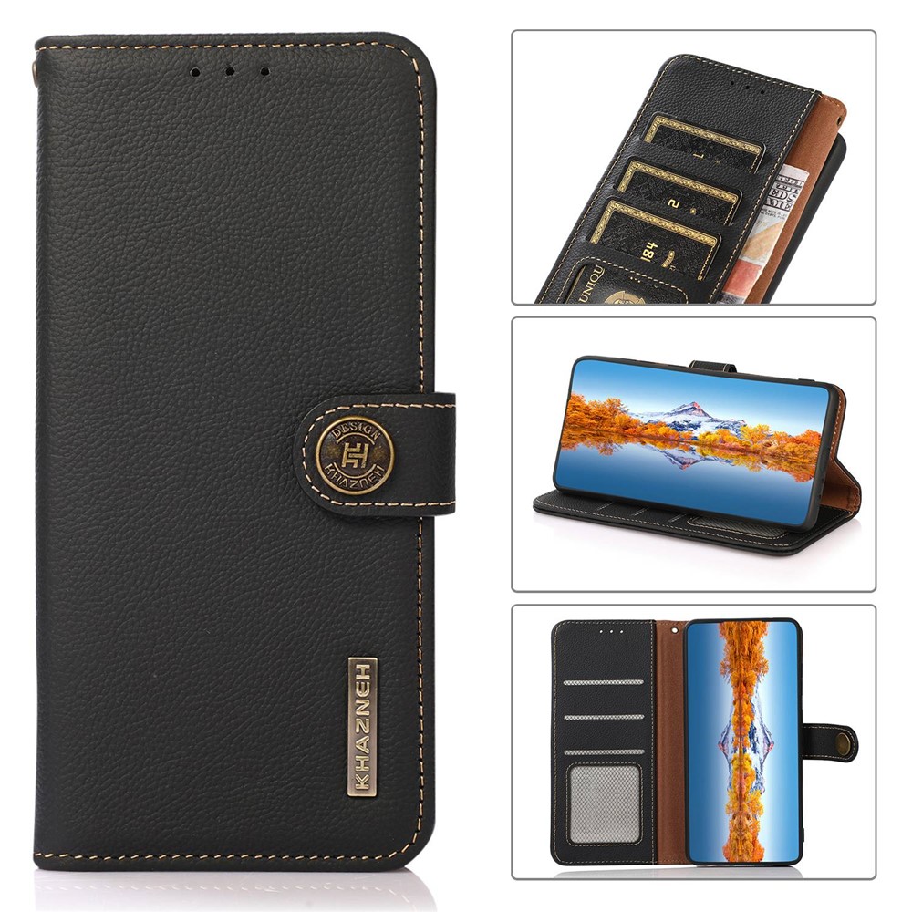 Khazneh Para Oppo Find X5 Genuine Leather Celle Flip Case Flip Stand Rfid Bloqueo de Protección Magnética Folio Cubierta - Negro