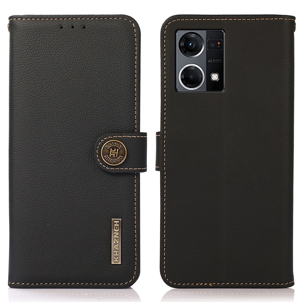 KHAZNEH for Oppo Reno7 4G/F21 Pro 4G Genuine Leather Magnetic Shock Absorbing Case RFID Blocking Folio Wallet Stand Full Protection Cover - Black-1