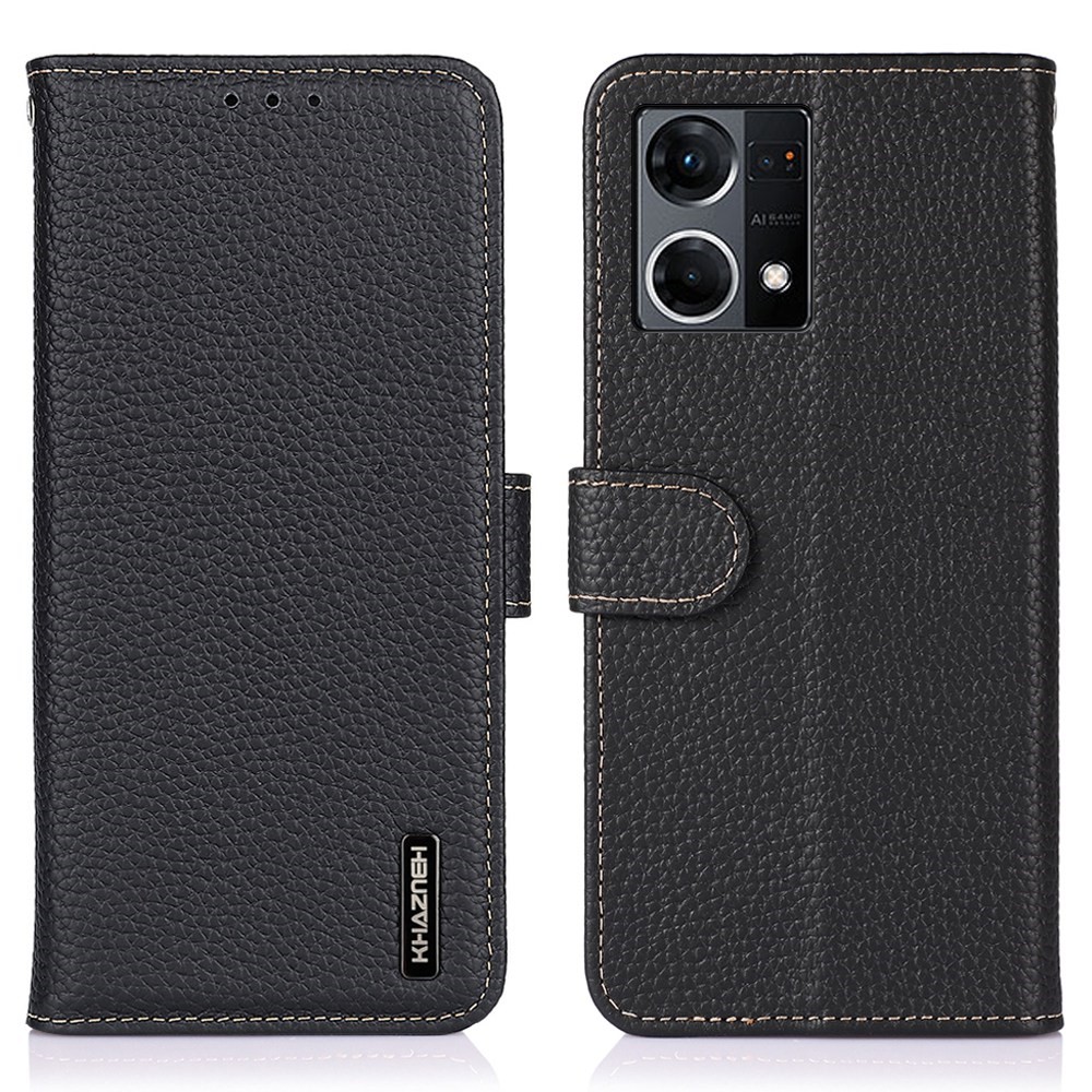 KHAZNEH for Oppo Reno7 4G/F21 Pro 4G Litchi Grain Genuine Leather Case Viewing Stand Wallet Flip Folio Cover - Black-1