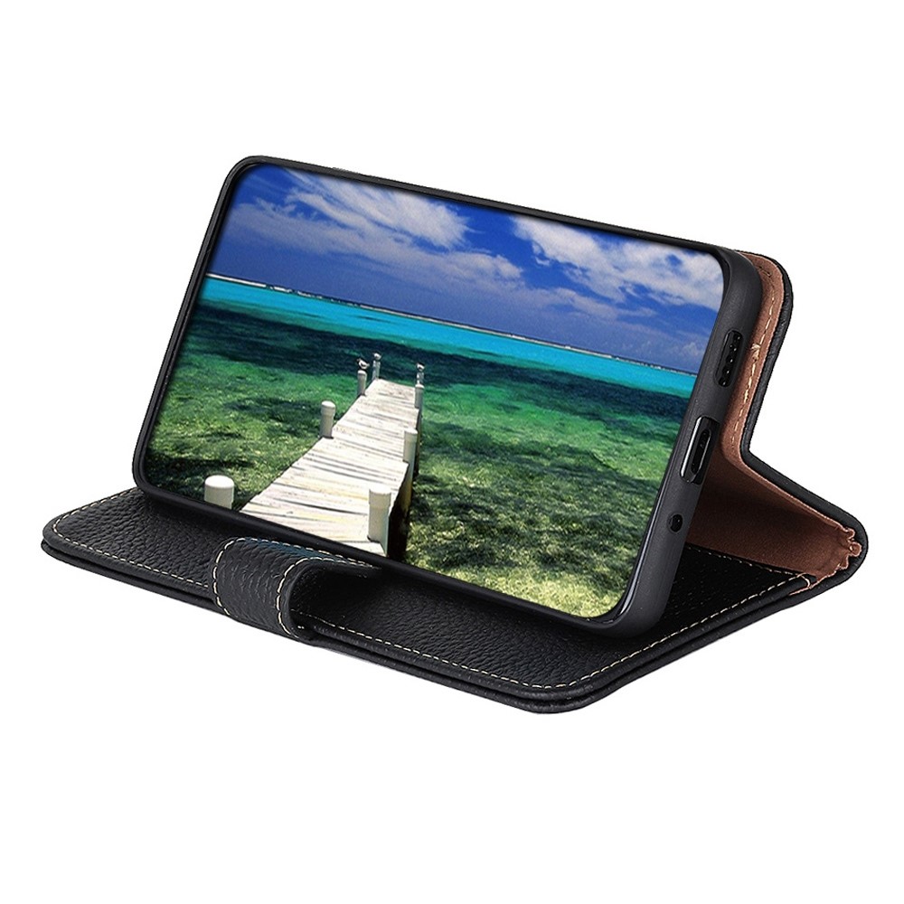 KHAZNEH for Oppo Reno7 4G/F21 Pro 4G Litchi Grain Genuine Leather Case Viewing Stand Wallet Flip Folio Cover - Black-2