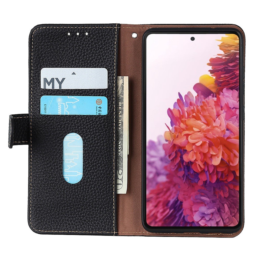 KHAZNEH for Oppo Reno7 4G/F21 Pro 4G Litchi Grain Genuine Leather Case Viewing Stand Wallet Flip Folio Cover - Black-3