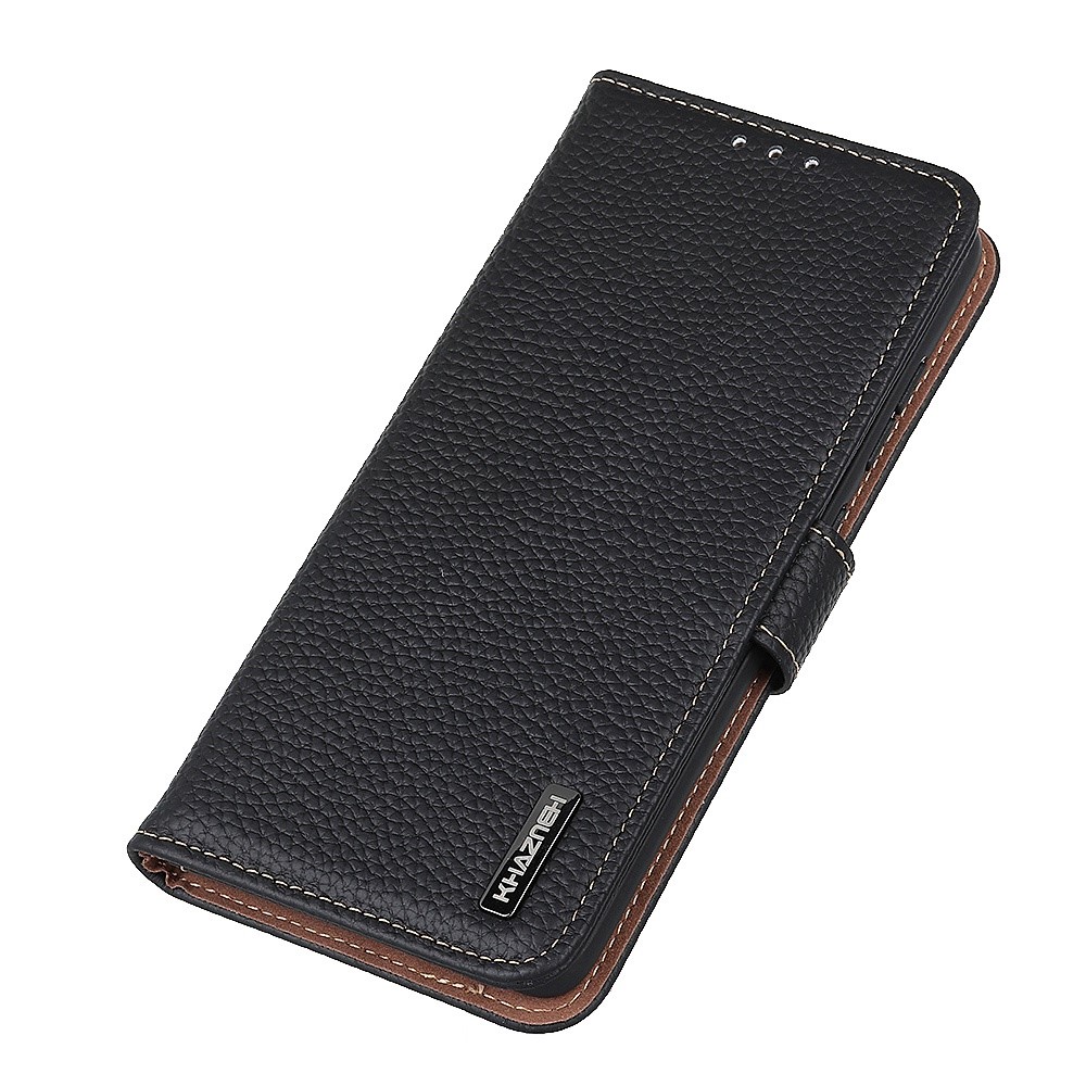KHAZNEH for Oppo Reno7 4G/F21 Pro 4G Litchi Grain Genuine Leather Case Viewing Stand Wallet Flip Folio Cover - Black-4