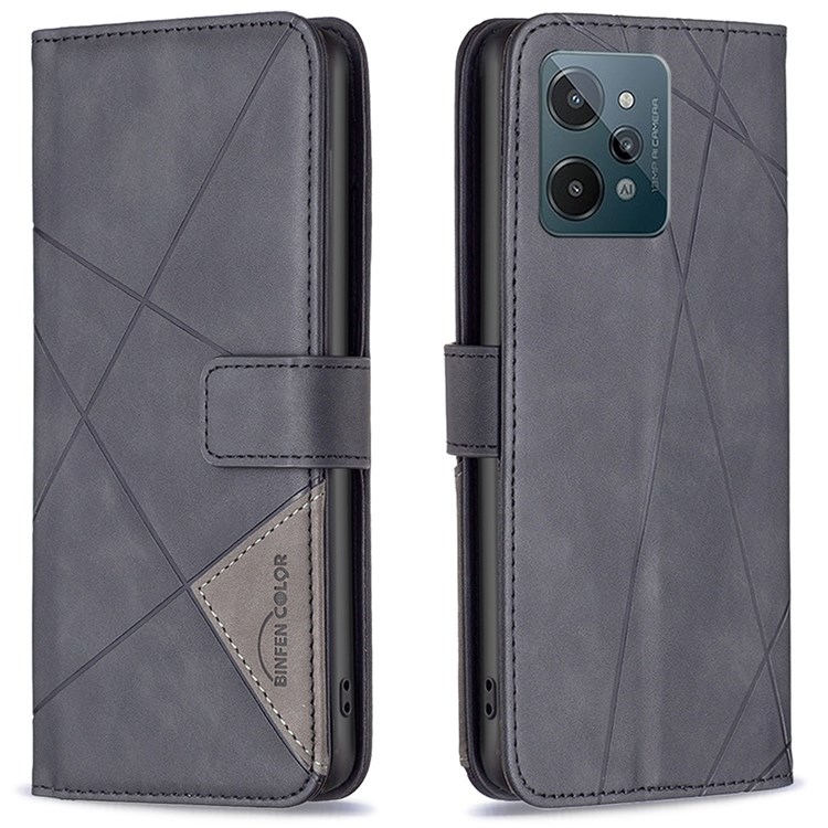 BINFEN COLOR BF Imprinting Pattern Series-2 for Realme C31 Well-protected Leather Wallet Case 05 Geometric Imprinted Flip Folio Book Style Stand Cover - Black-1