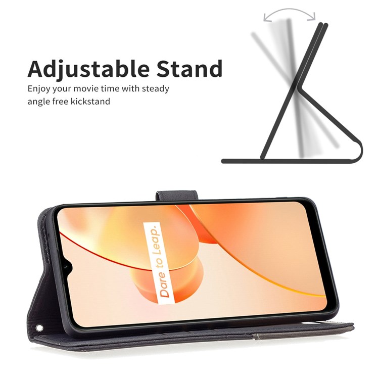 BINFEN COLOR BF Imprinting Pattern Series-2 for Realme C31 Well-protected Leather Wallet Case 05 Geometric Imprinted Flip Folio Book Style Stand Cover - Black-2