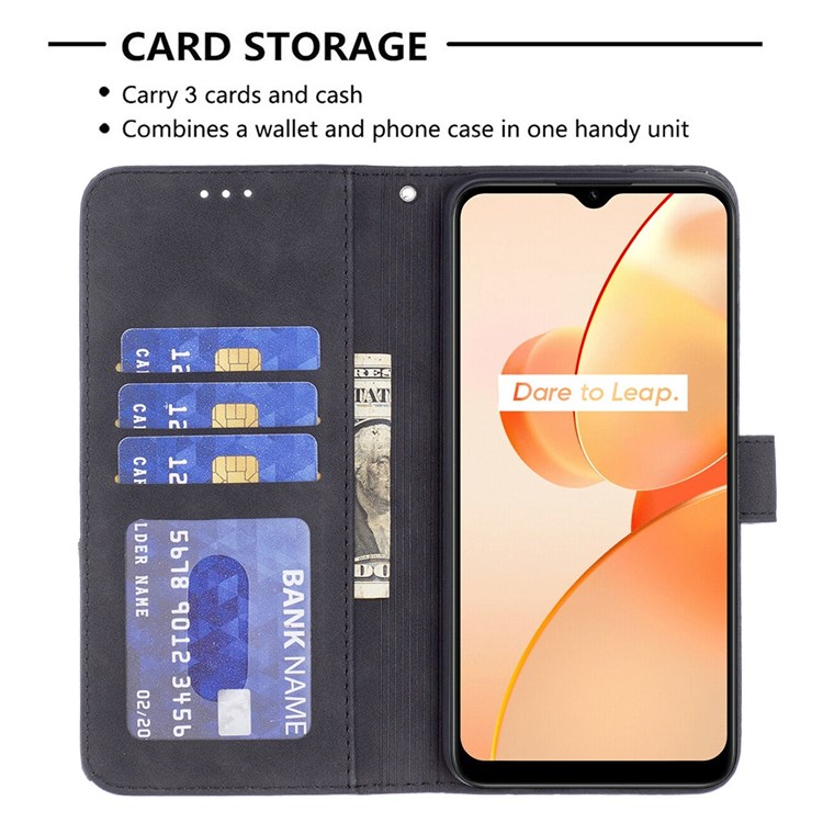 BINFEN COLOR BF Imprinting Pattern Series-2 for Realme C31 Well-protected Leather Wallet Case 05 Geometric Imprinted Flip Folio Book Style Stand Cover - Black-3