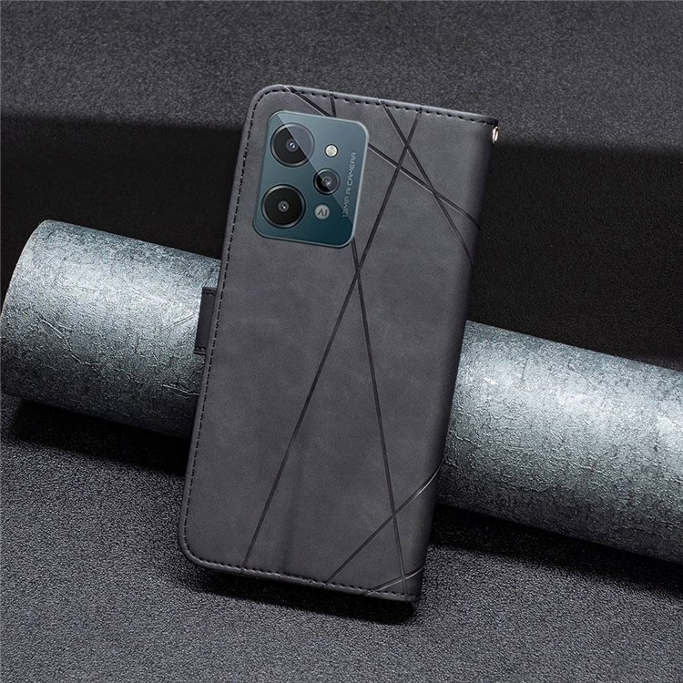 BINFEN COLOR BF Imprinting Pattern Series-2 for Realme C31 Well-protected Leather Wallet Case 05 Geometric Imprinted Flip Folio Book Style Stand Cover - Black-4