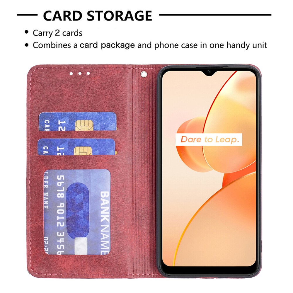BF Imprinting Pattern Series-1 for Realme C31 Foldable Stand Card Slot PU Leather Case Rhombus Pattern Imprinted Magnetic Auto Closing Shell - Red-4