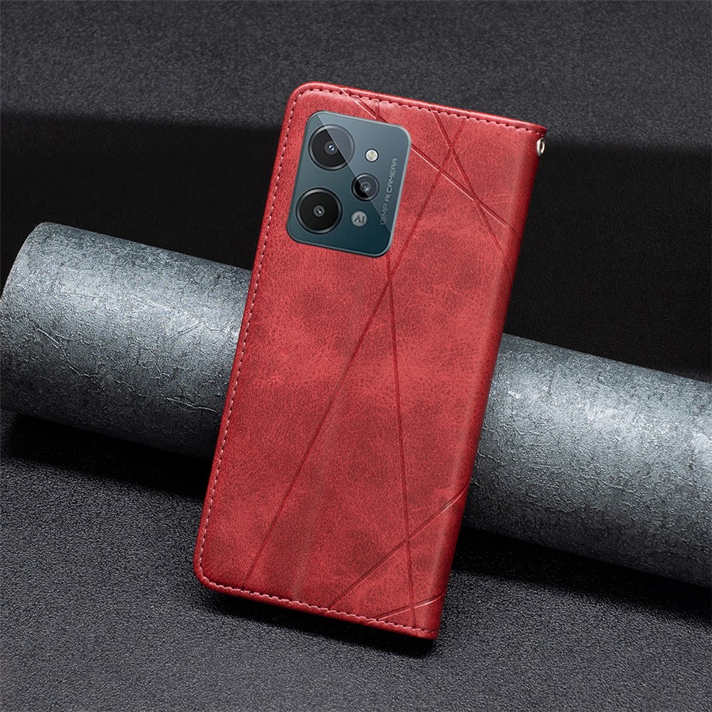 BF Imprinting Pattern Series-1 for Realme C31 Foldable Stand Card Slot PU Leather Case Rhombus Pattern Imprinted Magnetic Auto Closing Shell - Red-5