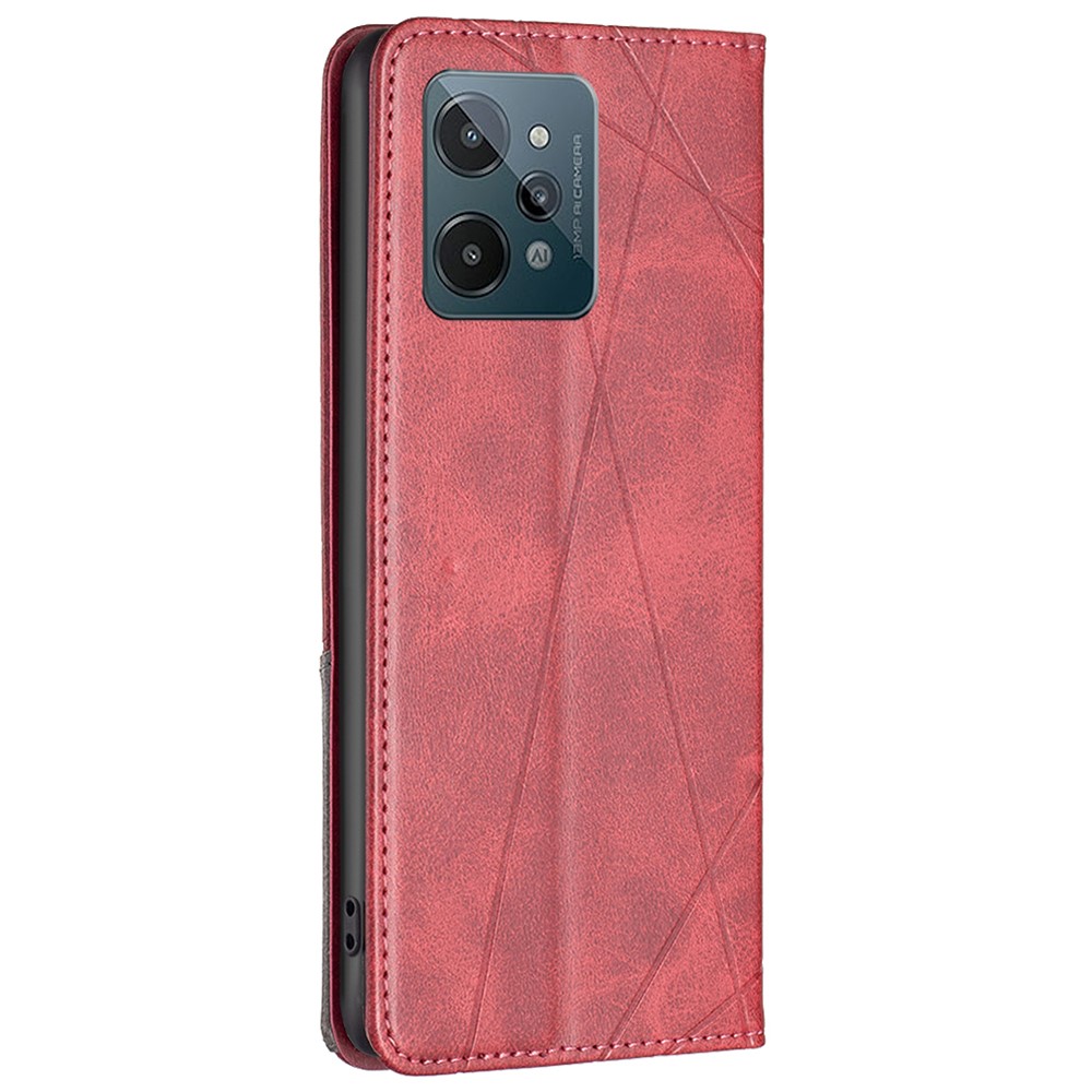 BF Imprinting Pattern Series-1 for Realme C31 Foldable Stand Card Slot PU Leather Case Rhombus Pattern Imprinted Magnetic Auto Closing Shell - Red-8