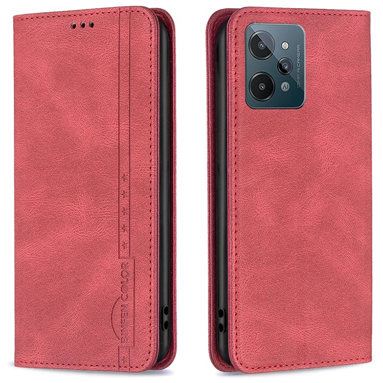 BINFEN COLOR BF Leather Series-5 for Realme C31, Leather Flip RFID Blocking Case 08 Hidden Magnetic Absorption Stand Shockproof Anti-fall Phone Cover - Red-1