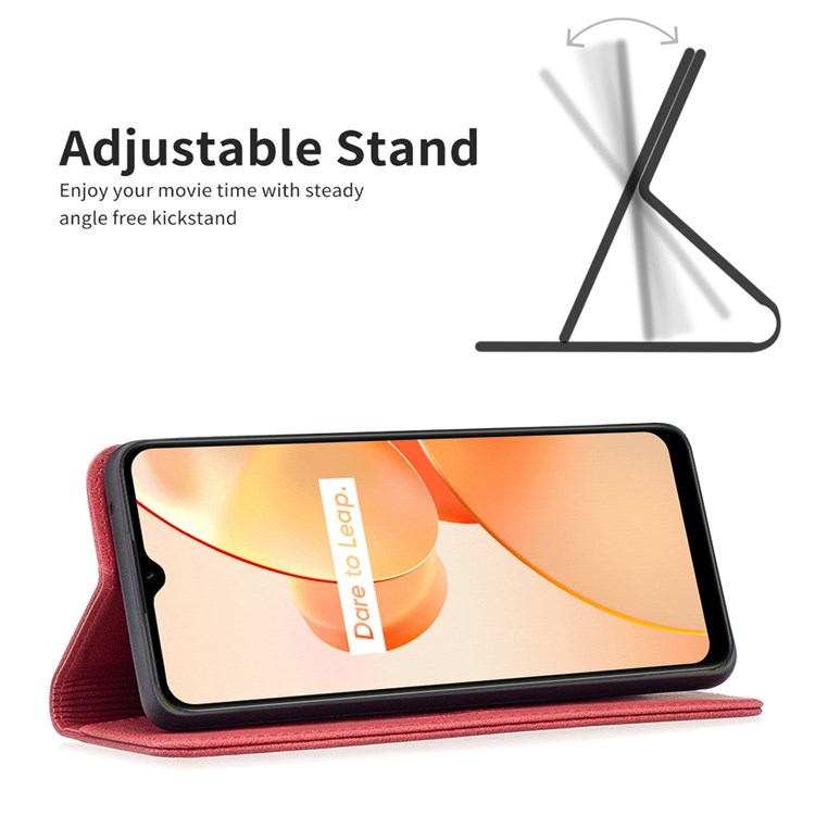 BINFEN COLOR BF Leather Series-5 for Realme C31, Leather Flip RFID Blocking Case 08 Hidden Magnetic Absorption Stand Shockproof Anti-fall Phone Cover - Red-2