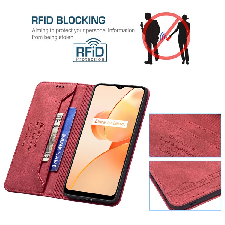 BINFEN COLOR BF Leather Series-5 for Realme C31, Leather Flip RFID Blocking Case 08 Hidden Magnetic Absorption Stand Shockproof Anti-fall Phone Cover - Red-3