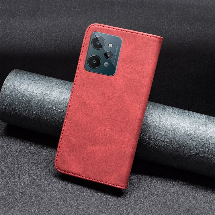 BINFEN COLOR BF Leather Series-5 for Realme C31, Leather Flip RFID Blocking Case 08 Hidden Magnetic Absorption Stand Shockproof Anti-fall Phone Cover - Red-5