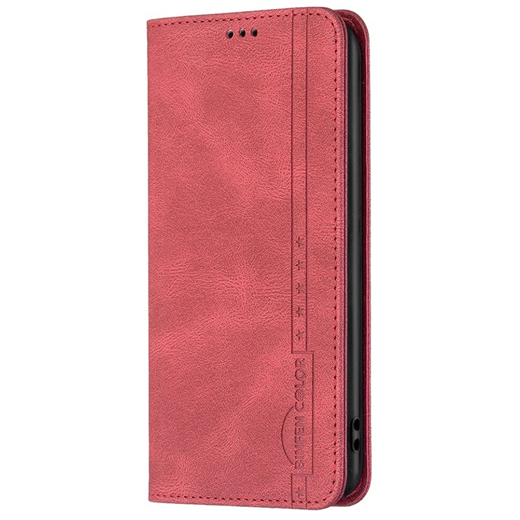 BINFEN COLOR BF Leather Series-5 for Realme C31, Leather Flip RFID Blocking Case 08 Hidden Magnetic Absorption Stand Shockproof Anti-fall Phone Cover - Red-7
