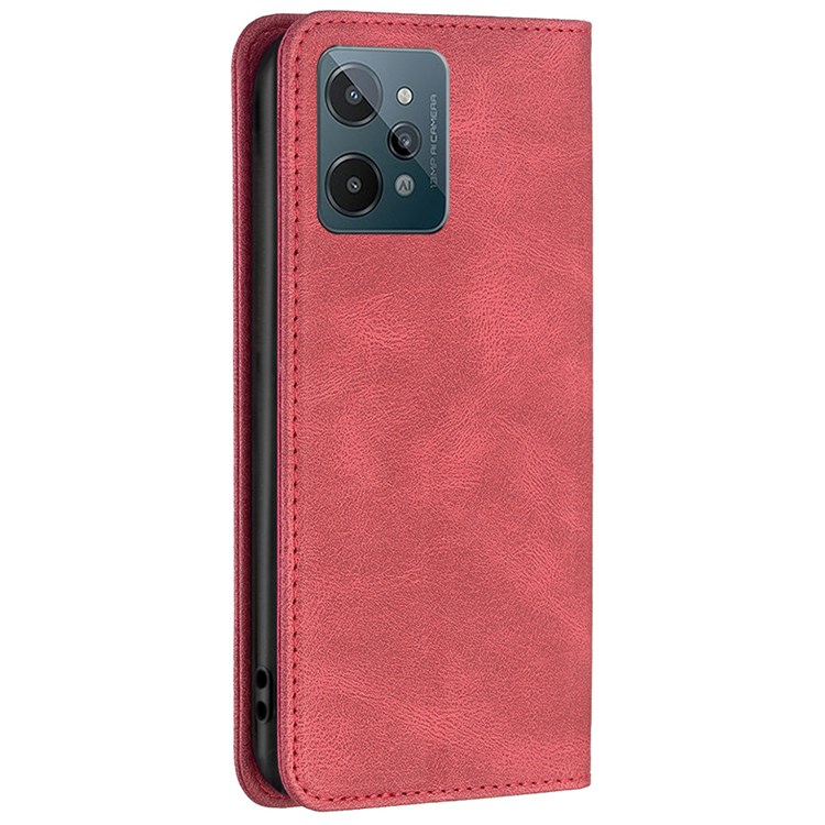 BINFEN COLOR BF Leather Series-5 for Realme C31, Leather Flip RFID Blocking Case 08 Hidden Magnetic Absorption Stand Shockproof Anti-fall Phone Cover - Red-8