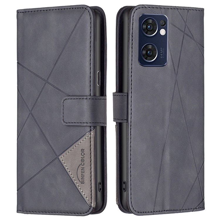 BINFEN COLOR BF Imprinting Pattern Series-2 for Oppo Reno7 5G (Global)/Find X5 Lite Wallet Case 05 Geometric Imprinted Stand Feature Magnetic PU Leather Protect Folio Cover - Black-1