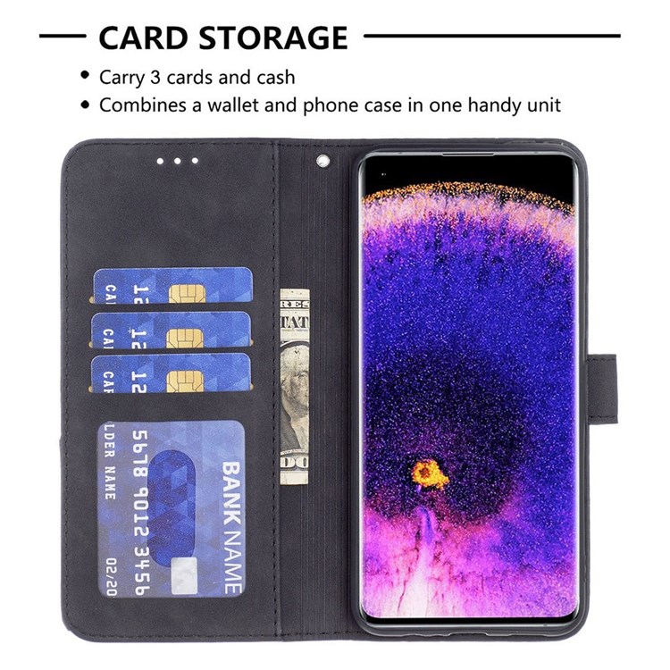 BINFEN COLOR BF Imprinting Pattern Series-2 for Oppo Reno7 5G (Global)/Find X5 Lite Wallet Case 05 Geometric Imprinted Stand Feature Magnetic PU Leather Protect Folio Cover - Black-3