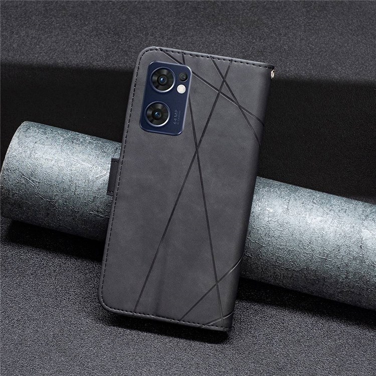 BINFEN COLOR BF Imprinting Pattern Series-2 for Oppo Reno7 5G (Global)/Find X5 Lite Wallet Case 05 Geometric Imprinted Stand Feature Magnetic PU Leather Protect Folio Cover - Black-5