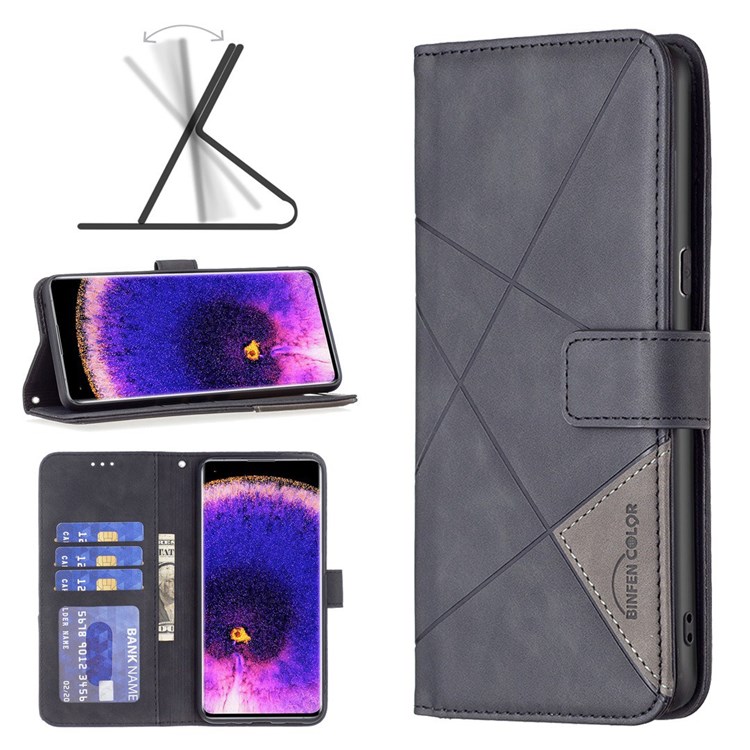BINFEN COLOR BF Imprinting Pattern Series-2 for Oppo Reno7 5G (Global)/Find X5 Lite Wallet Case 05 Geometric Imprinted Stand Feature Magnetic PU Leather Protect Folio Cover - Black-8