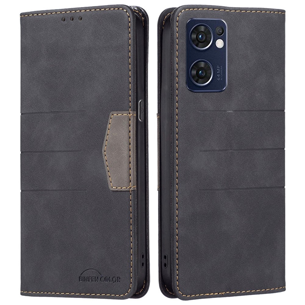 BINFEN COLOR BF Leather Series-1 for Oppo Reno7 5G (Global)/Find X5 Lite Flip Book Stand Phone Case 10 Color Splicing Lines Imprinted PU Leather Magnetic Auto-absorbed Protect Flip Cover - Black-1