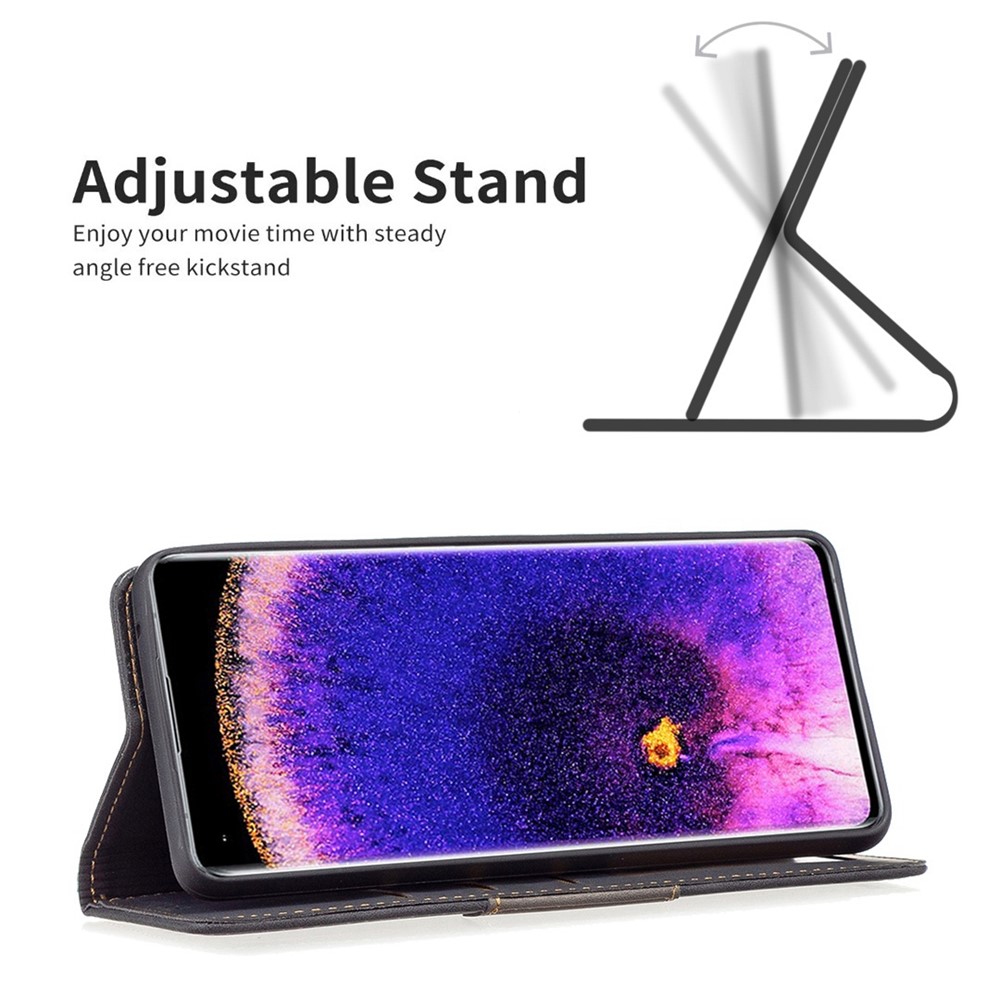 BINFEN COLOR BF Leather Series-1 for Oppo Reno7 5G (Global)/Find X5 Lite Flip Book Stand Phone Case 10 Color Splicing Lines Imprinted PU Leather Magnetic Auto-absorbed Protect Flip Cover - Black-2