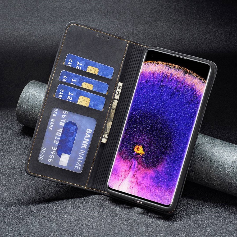 BINFEN COLOR BF Leather Series-1 for Oppo Reno7 5G (Global)/Find X5 Lite Flip Book Stand Phone Case 10 Color Splicing Lines Imprinted PU Leather Magnetic Auto-absorbed Protect Flip Cover - Black-4