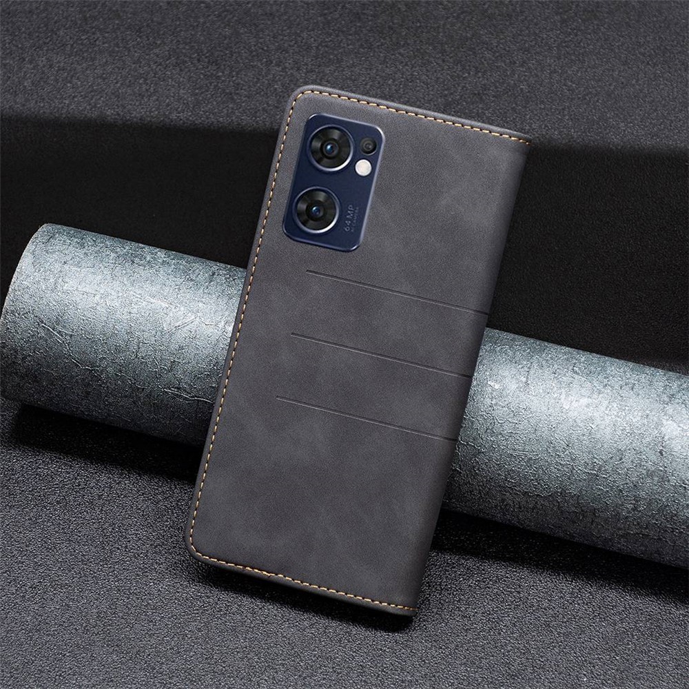 BINFEN COLOR BF Leather Series-1 for Oppo Reno7 5G (Global)/Find X5 Lite Flip Book Stand Phone Case 10 Color Splicing Lines Imprinted PU Leather Magnetic Auto-absorbed Protect Flip Cover - Black-6