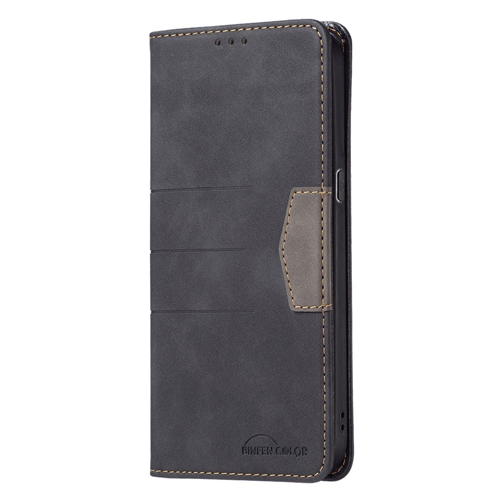 BINFEN COLOR BF Leather Series-1 for Oppo Reno7 5G (Global)/Find X5 Lite Flip Book Stand Phone Case 10 Color Splicing Lines Imprinted PU Leather Magnetic Auto-absorbed Protect Flip Cover - Black-7
