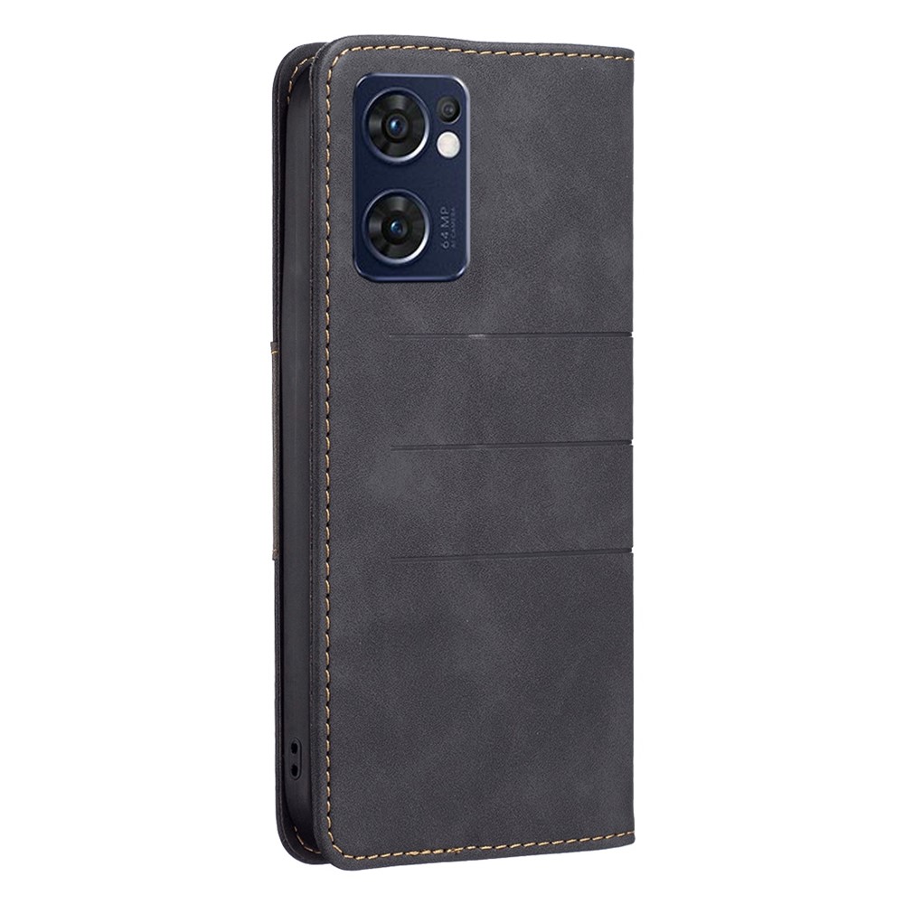 BINFEN COLOR BF Leather Series-1 for Oppo Reno7 5G (Global)/Find X5 Lite Flip Book Stand Phone Case 10 Color Splicing Lines Imprinted PU Leather Magnetic Auto-absorbed Protect Flip Cover - Black-8