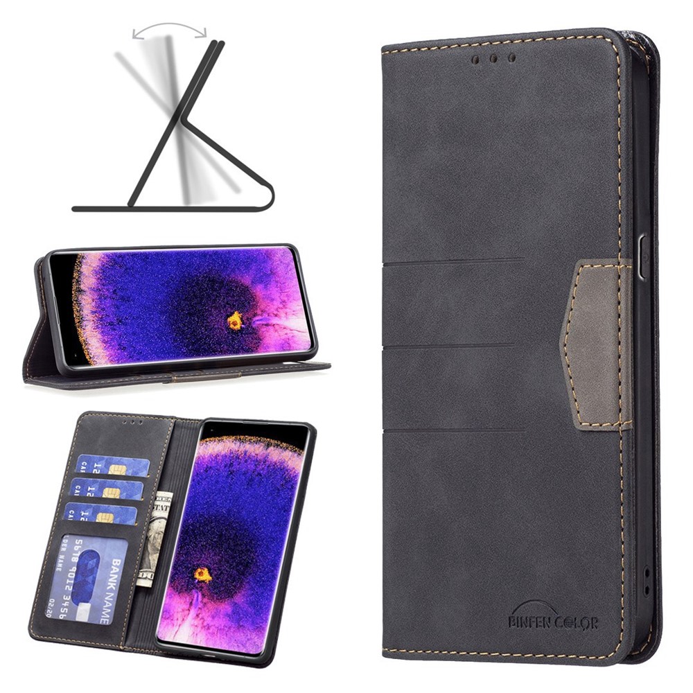 BINFEN COLOR BF Leather Series-1 for Oppo Reno7 5G (Global)/Find X5 Lite Flip Book Stand Phone Case 10 Color Splicing Lines Imprinted PU Leather Magnetic Auto-absorbed Protect Flip Cover - Black-9